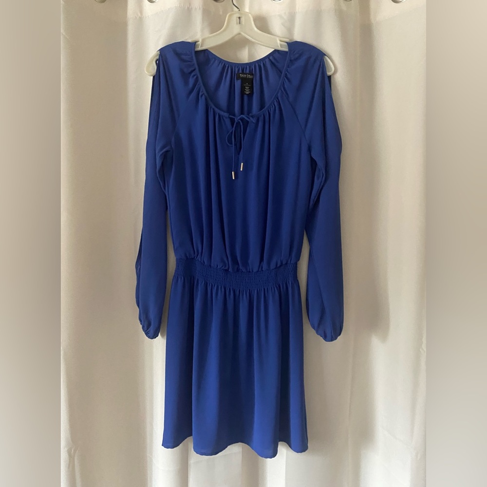 Adorable and classy periwinkle blue dress with peekaboo sleeves